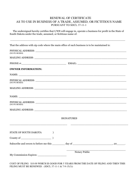 Renewal of Certificate of Business Name, Pennington County form, first page