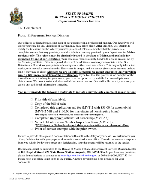 MVI-27 Private Sale Complaint Form first page