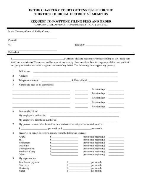 Request to Postpone Filing Fees and Order (Uniform Civil Affidavit of Indigency), Shelby County form, first page
