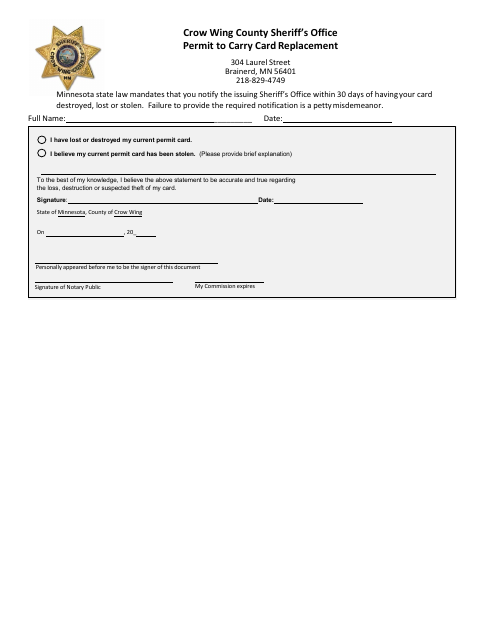 Permit to Carry Card Replacement, Crow Wing County form, first page