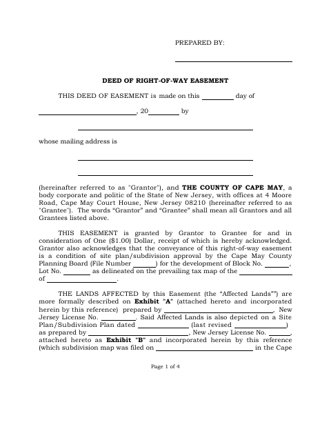 Deed of Right-of-Way Easement, Cape May County form, first page