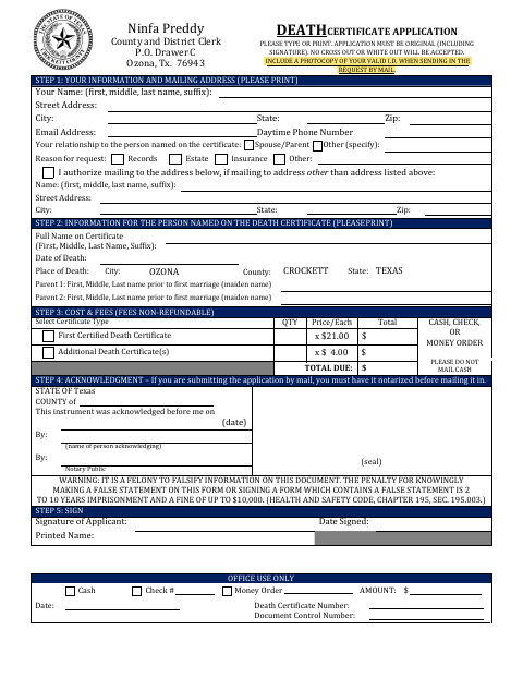 Death Certificate Application, Crockett County form, first page
