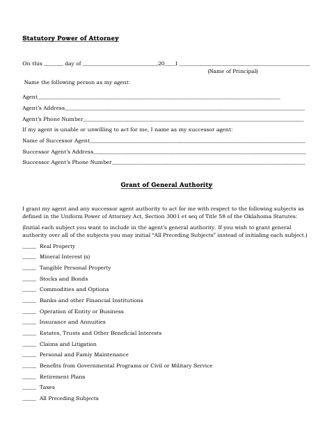 Statutory Power of Attorney, Cleveland County form, first page
