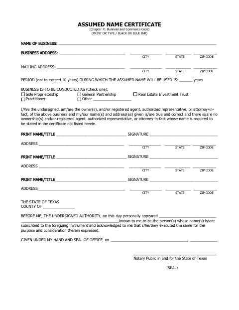 Assumed Name Certificate, Washington County form, first page