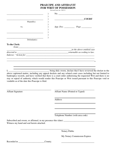 Praecipe And Affidavit For Writ Of Possession, Lake County form, first page