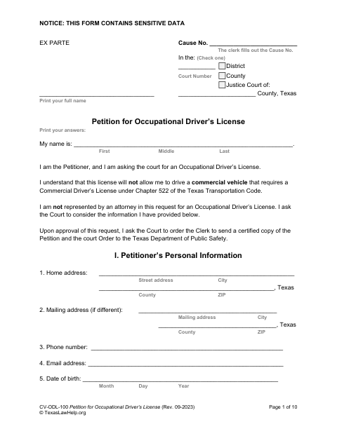 First page of the Petition for Occupational Driver’s License