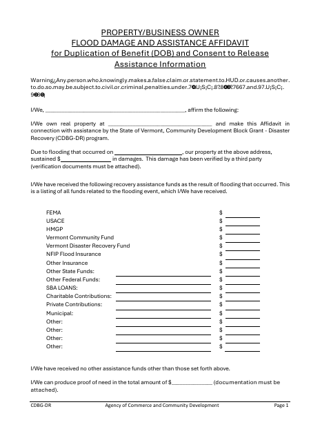 First page of the Property/Business Owner Flood Damage and Assistance Affidavit
