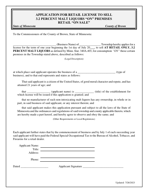 Application for Retail License to Sell 3.2 Percent Malt Liquors On Premises, Brown County form, first page