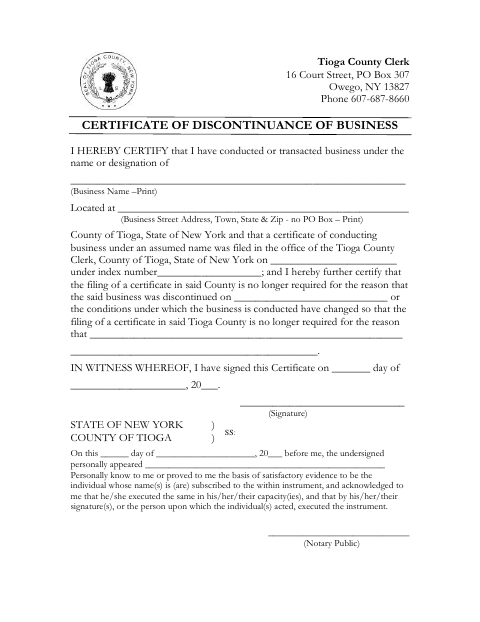 Certificate of Discontinuance of Business, Tioga County form, first page