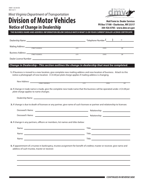 DMV-126-M-DS Notice of Change in Dealership first page