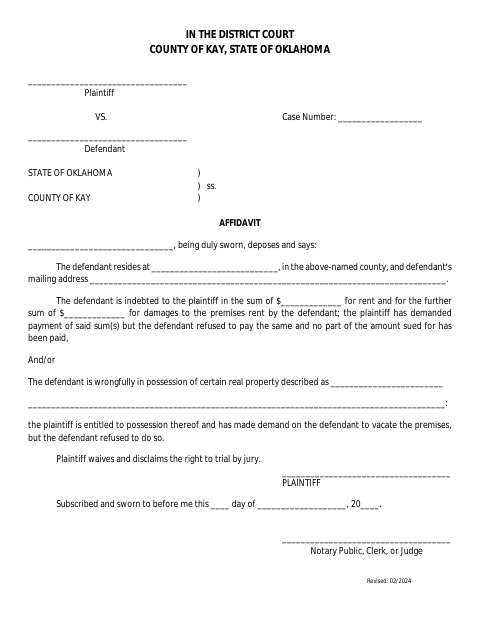 Affidavit, Kay County form, first page