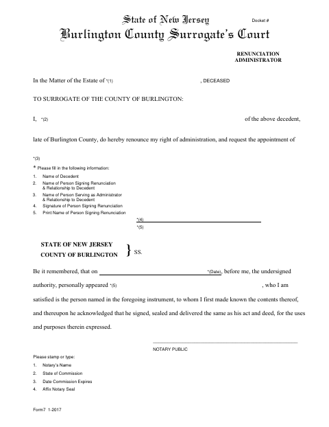 Renunciation of Administration, Burlington County form, first page