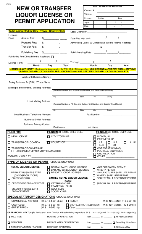 New or Transfer Liquor License or Permit Application, Carbon County form, first page