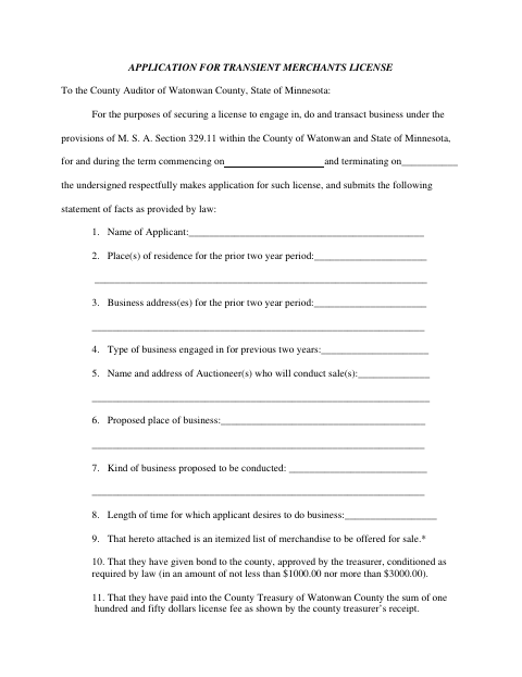 Application for Transient Merchants License, Watonwan County form, first page