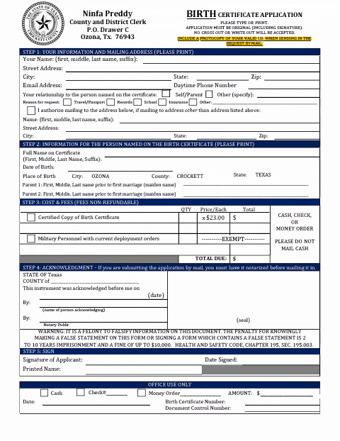 Birth Certificate Application, Crockett County form, first page