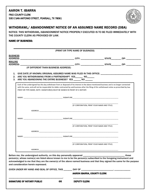 Withdrawal or Abandonment of Assumed Name, Frio County form, first page