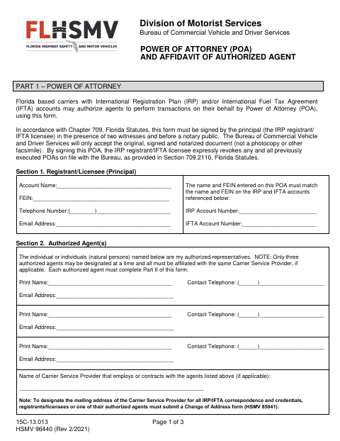 HSMV 96440 Power of Attorney and Affidavit of Authorized Agent first page