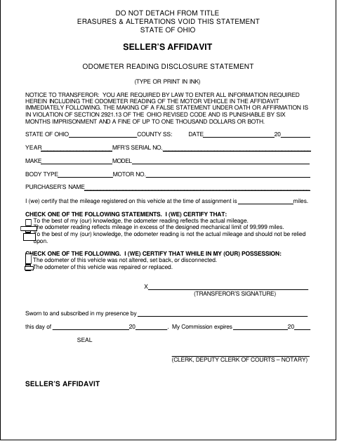 Seller’s Affidavit Odometer Reading Disclosure Statement, Lucas County form, first page
