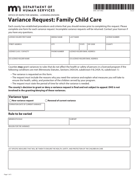 First page of the Family Child Care Variance Request