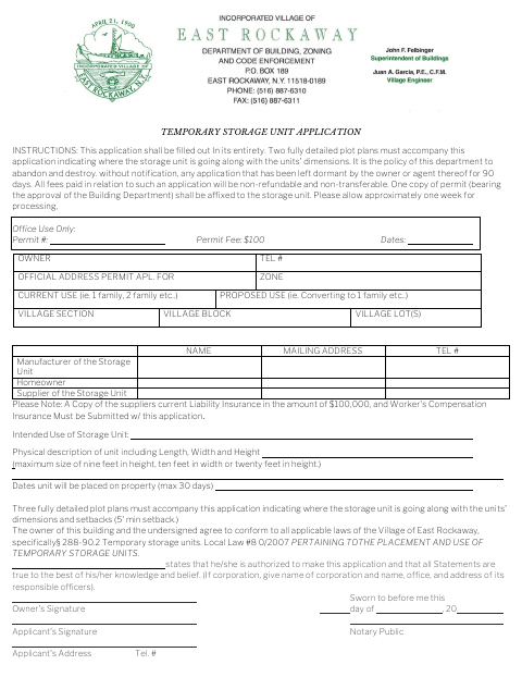 First page of the Temporary Storage Unit Application