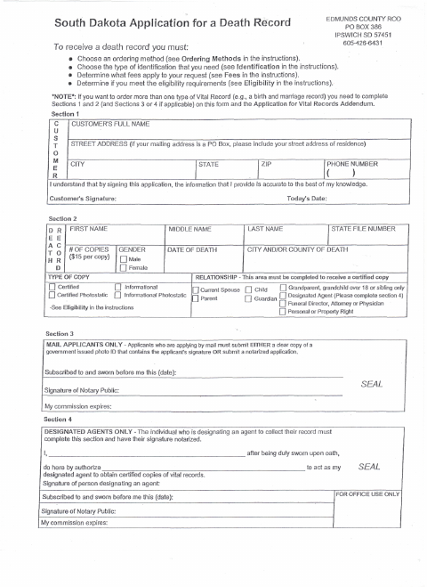 Application for a Death Record, Edmunds County form, first page
