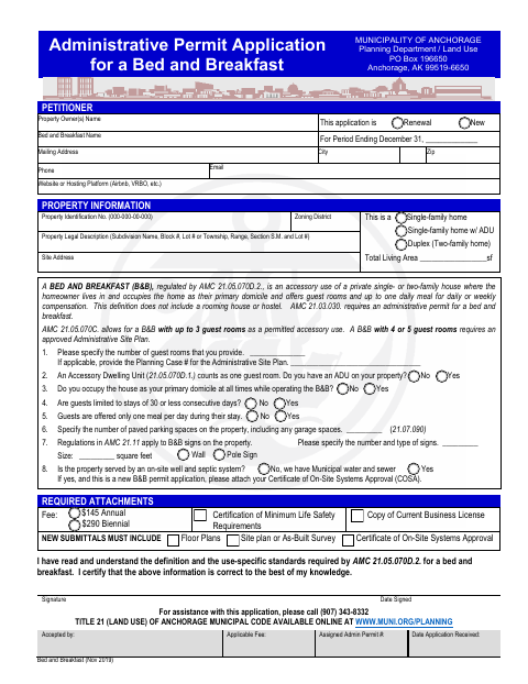 Administrative Permit Application for a Bed and Breakfast, Anchorage Municipality form, first page