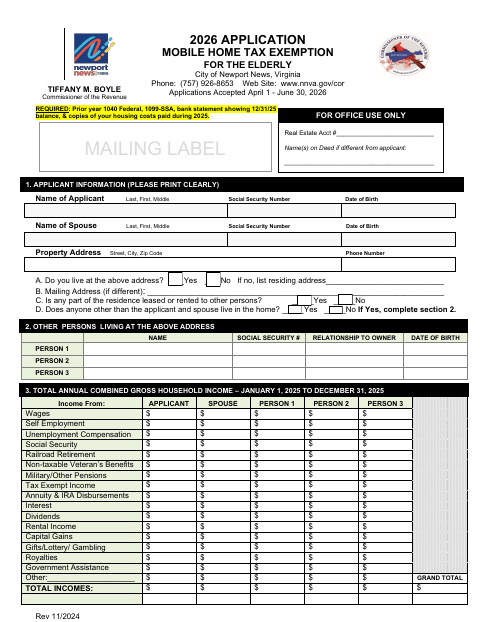 Mobile Home Tax Exemption Application, City of Newport News form, first page