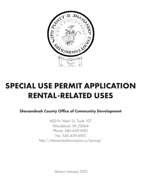 Special Use Permit Application Rental-Related Uses, Shenandoah County form, first page