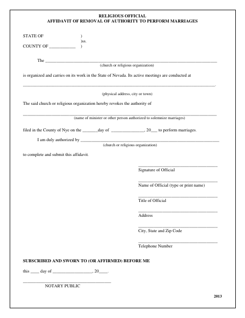 Affidavit of Removal of Authority to Perform Marriages, Nye County form, first page