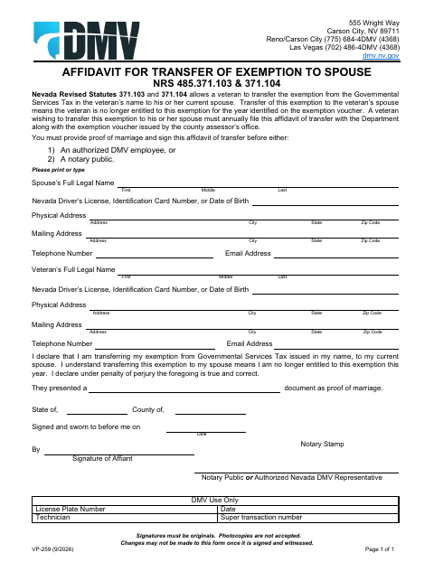 VP-259 Affidavit for Transfer of Exemption to Spouse first page