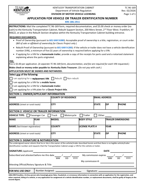 TC 96-169 Application for Vehicle or Trailer Identification Number first page