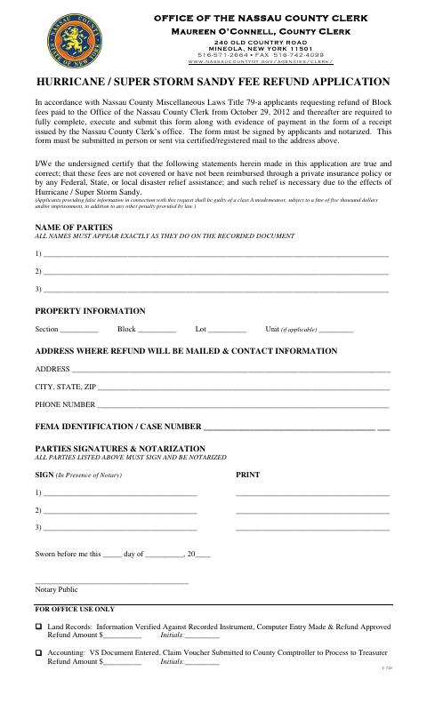 Hurricane and Super Storm Sandy Fee Refund Application, Nassau County form, first page