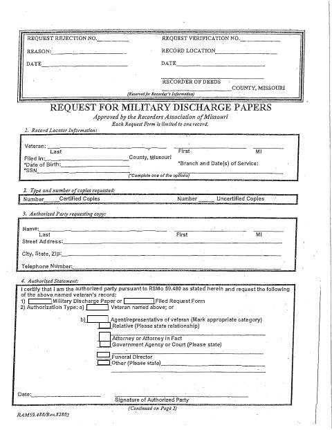 Request for Military Discharge Papers, Marion County form, first page