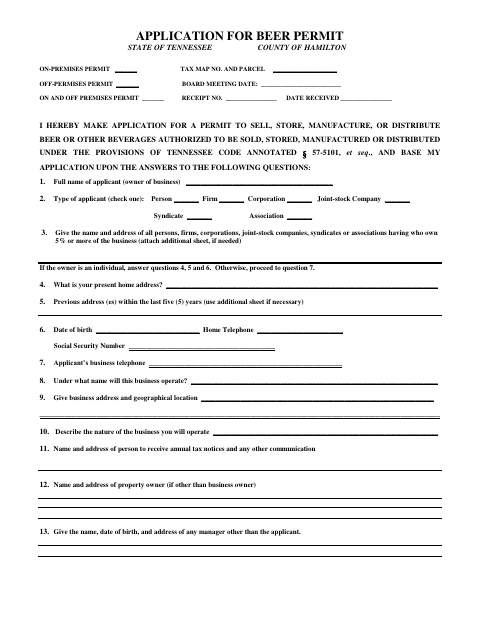 Application For Beer Permit, Hamilton County form, first page