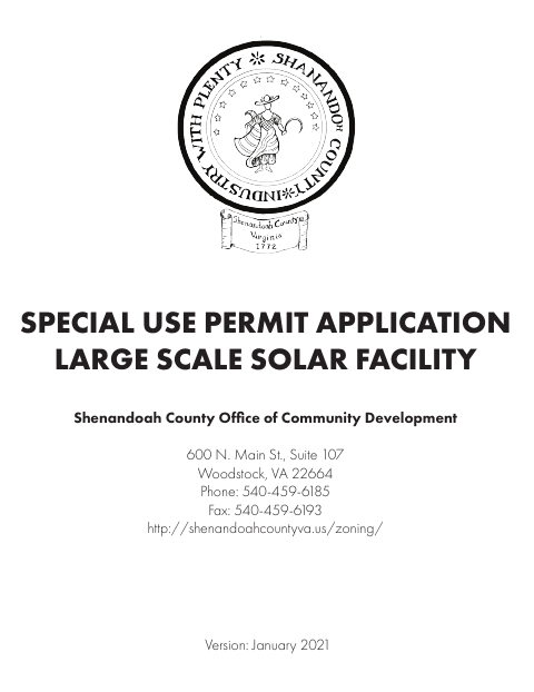 Special Use Permit Application for Large-Scale Solar Facility, Shenandoah County form, first page