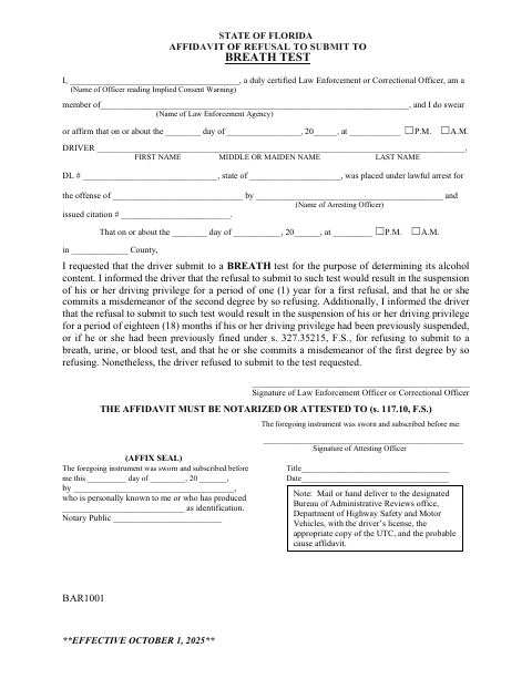 BAR1001 Affidavit of Refusal to Submit to Breath Test first page