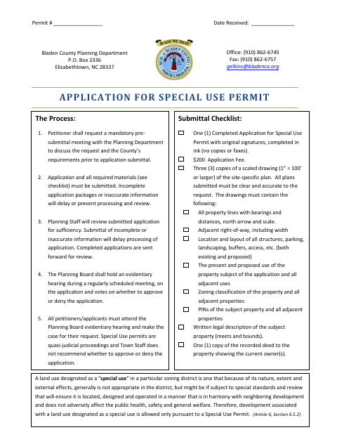 Application for Special Use Permit, Bladen County form, first page