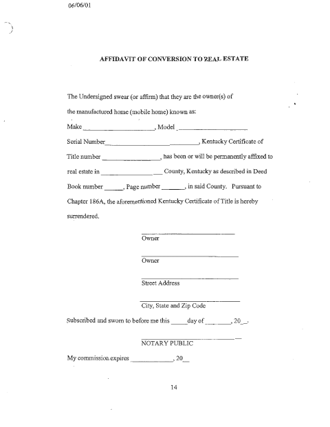 Affidavit Of Conversion To Real Estate, Marshall County form, first page