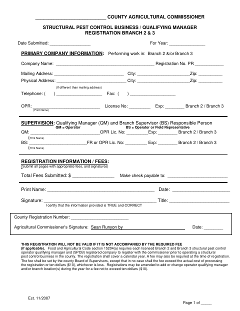 First page of the Structural Pest Control Business / Qualifying Manager Registration Branch 2 & 3