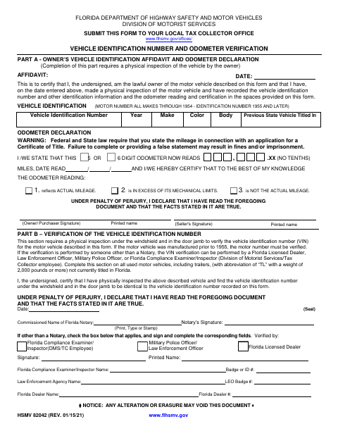 HSMV 82042 Vehicle Identification Number and Odometer Verification first page