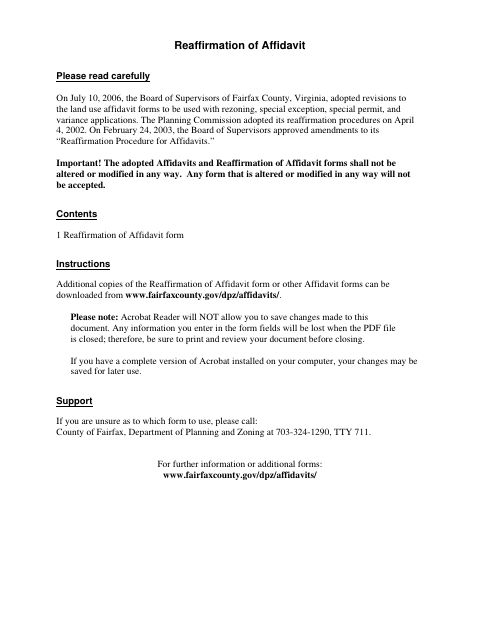 Reaffirmation of Affidavit, Fairfax County form, first page