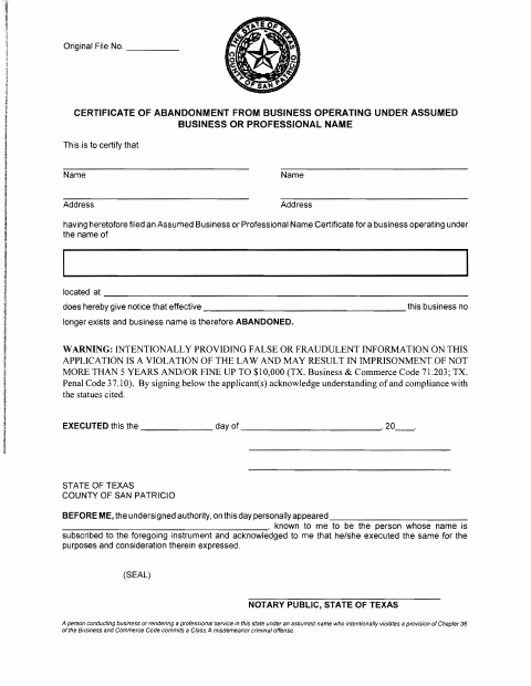 Certificate of Abandonment, San Patricio County form, first page