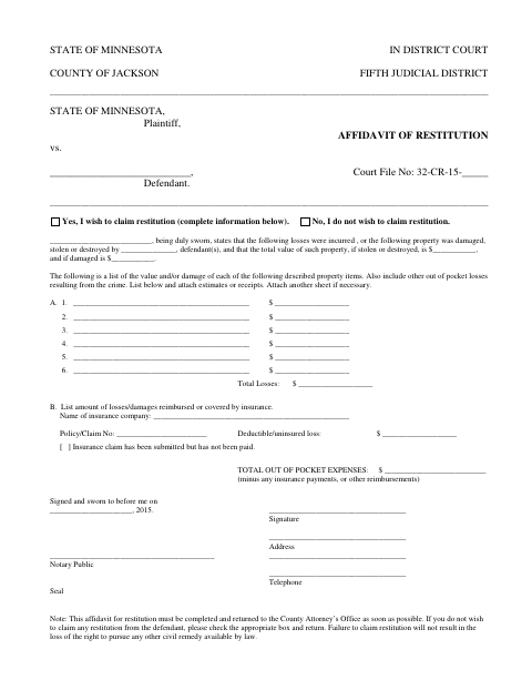 Affidavit of Restitution, Jackson County form, first page