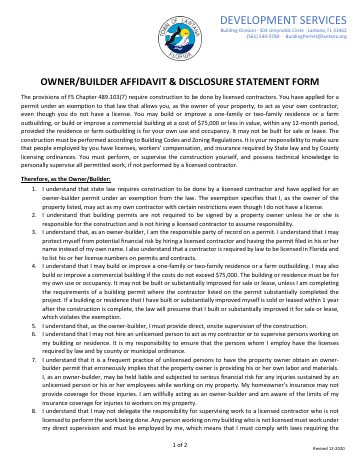 First page of the Owner/Builder Affidavit & Disclosure Statement