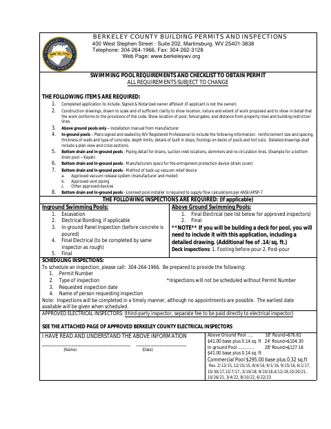 Swimming Pool Application, Berkeley County form, first page