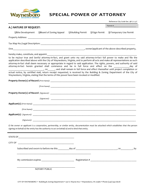 Special Power of Attorney, City of Waynesboro form, first page