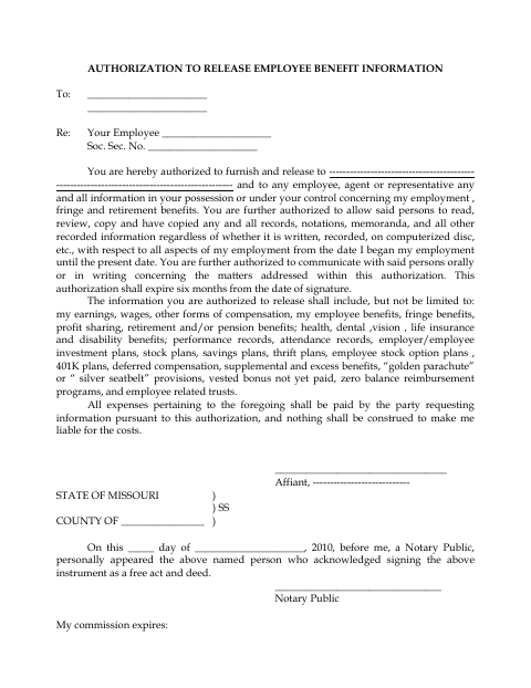 Authorization to Release Employee Benefit Information, Saline County form, first page