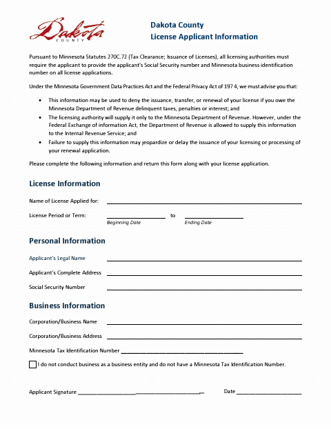 First page of the License Applicant Information Form