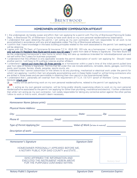 First page of the Homeowner’s Workers’ Compensation Affidavit