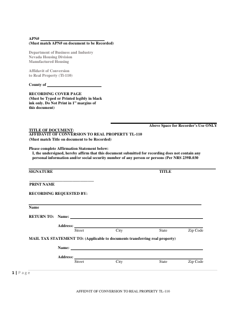 Affidavit of Conversion to Real Property, Clark County form, first page